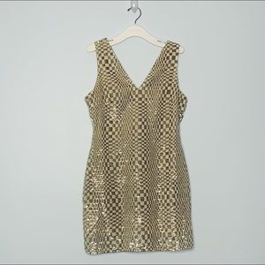Chelsea & Violet gold checkered Sequined sparkle glitter Mini dress L